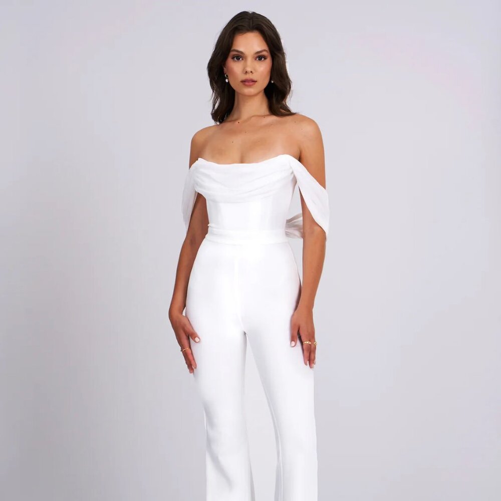 Never Worn -- Sherlyn White Off Shoulder Flared Crepe Jumpsuit